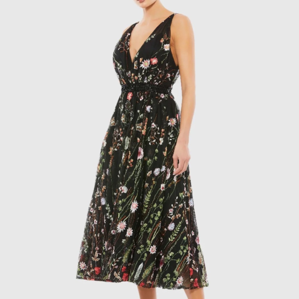 Mac Duggal Floral Black Midi Dress NWT